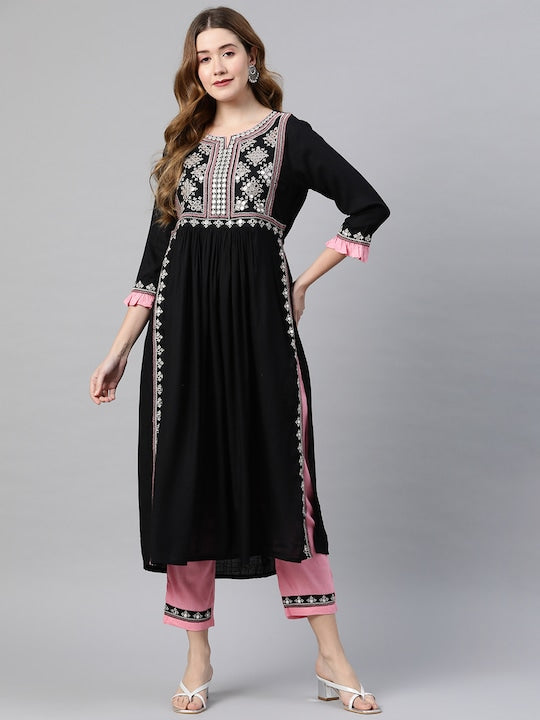 Black Embroidered A-line Rayon Kurta Pant