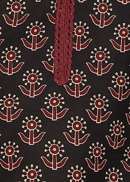 Black Floral Printed Straight Cotton Stitched Kurta