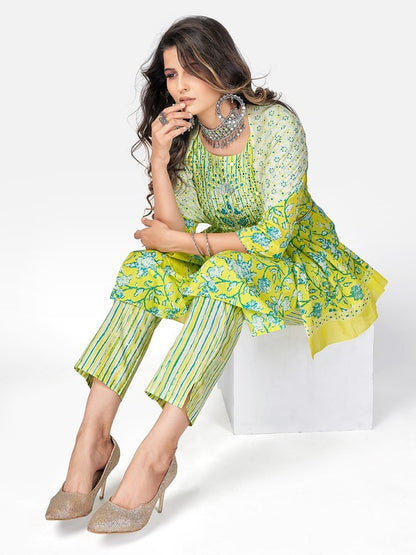 Lime Green Embroidered Straight Cotton Kurta Set