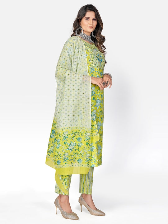 Lime Green Embroidered Straight Cotton Kurta Set