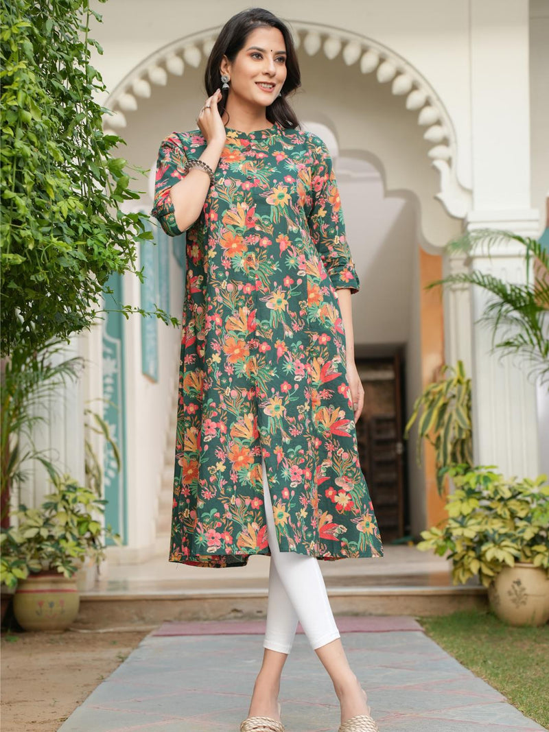 Green Printed Cotton A-Line Kurti