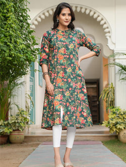 Green Printed Cotton A-Line Kurti