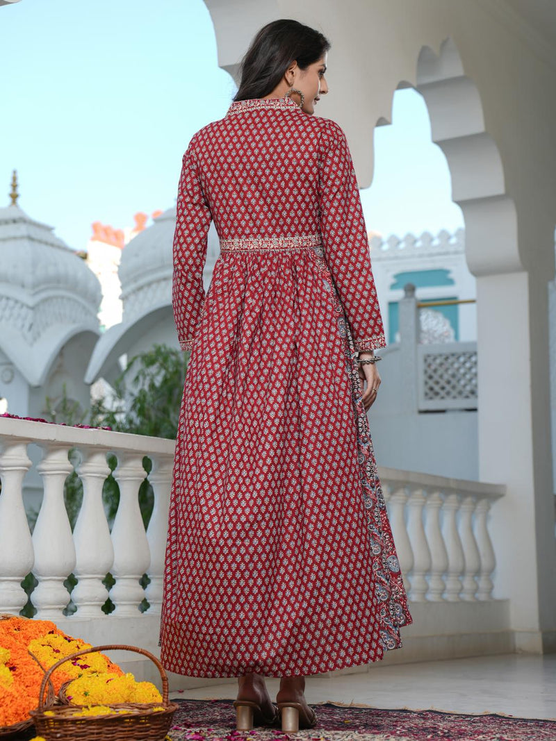 Maroon Printed Anarkali Cotton Gown