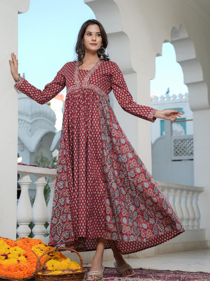 Maroon Printed Anarkali Cotton Gown