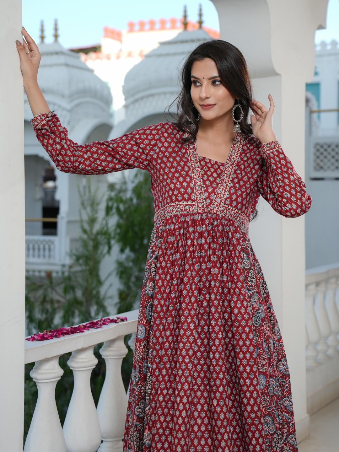 Maroon Printed Anarkali Cotton Gown