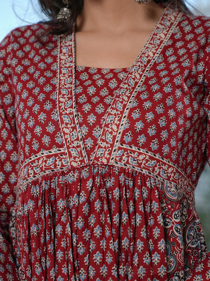 Maroon Printed Anarkali Cotton Gown