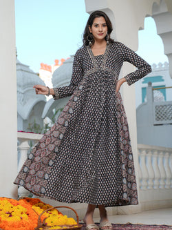 Black Printed Cotton Anarkali Gown