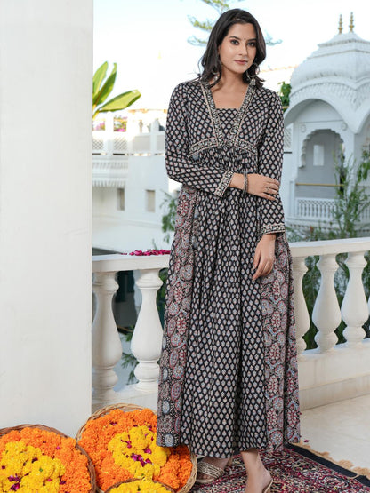 Black Printed Cotton Anarkali Gown