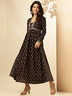 Black Floral Print With Lace Work Cotton Dress