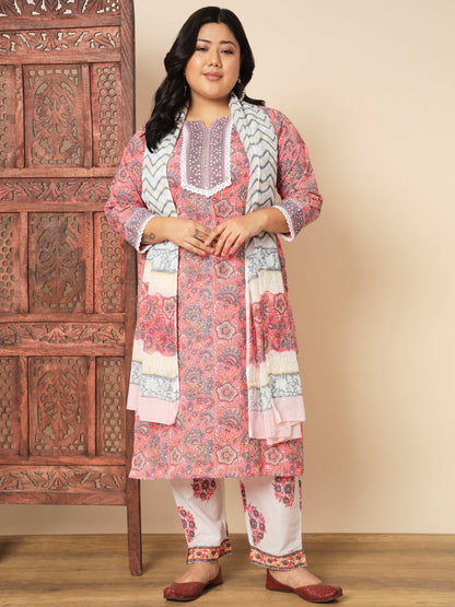 Pink Cotton Straight Kurta Set