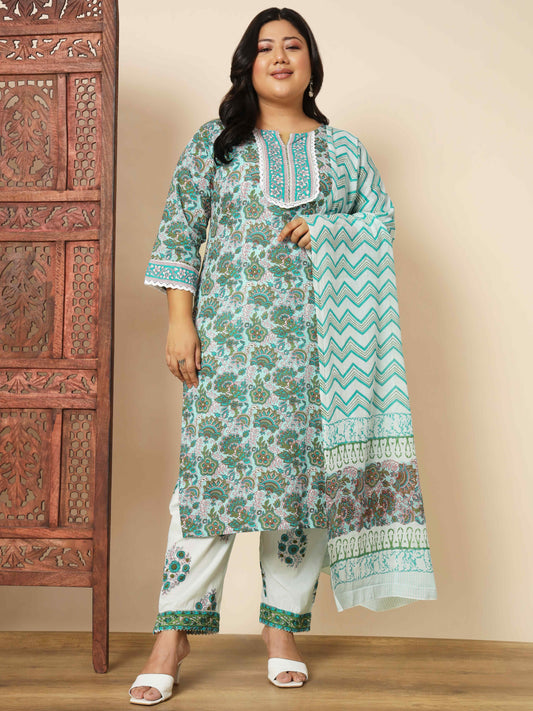 Light Aqua Cotton Straight Kurta Set