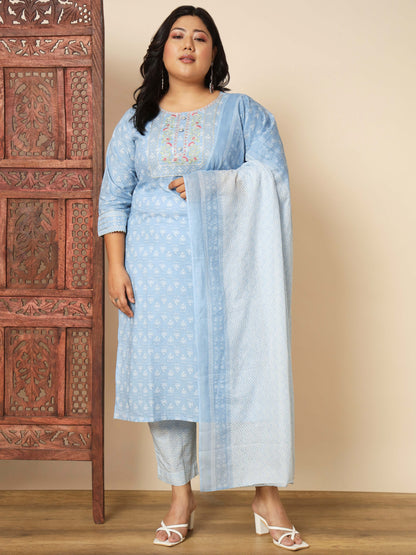 Sky Blue Cotton Straight Kurta Set