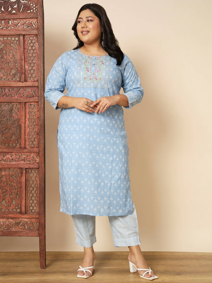 Sky Blue Cotton Straight Kurta Set