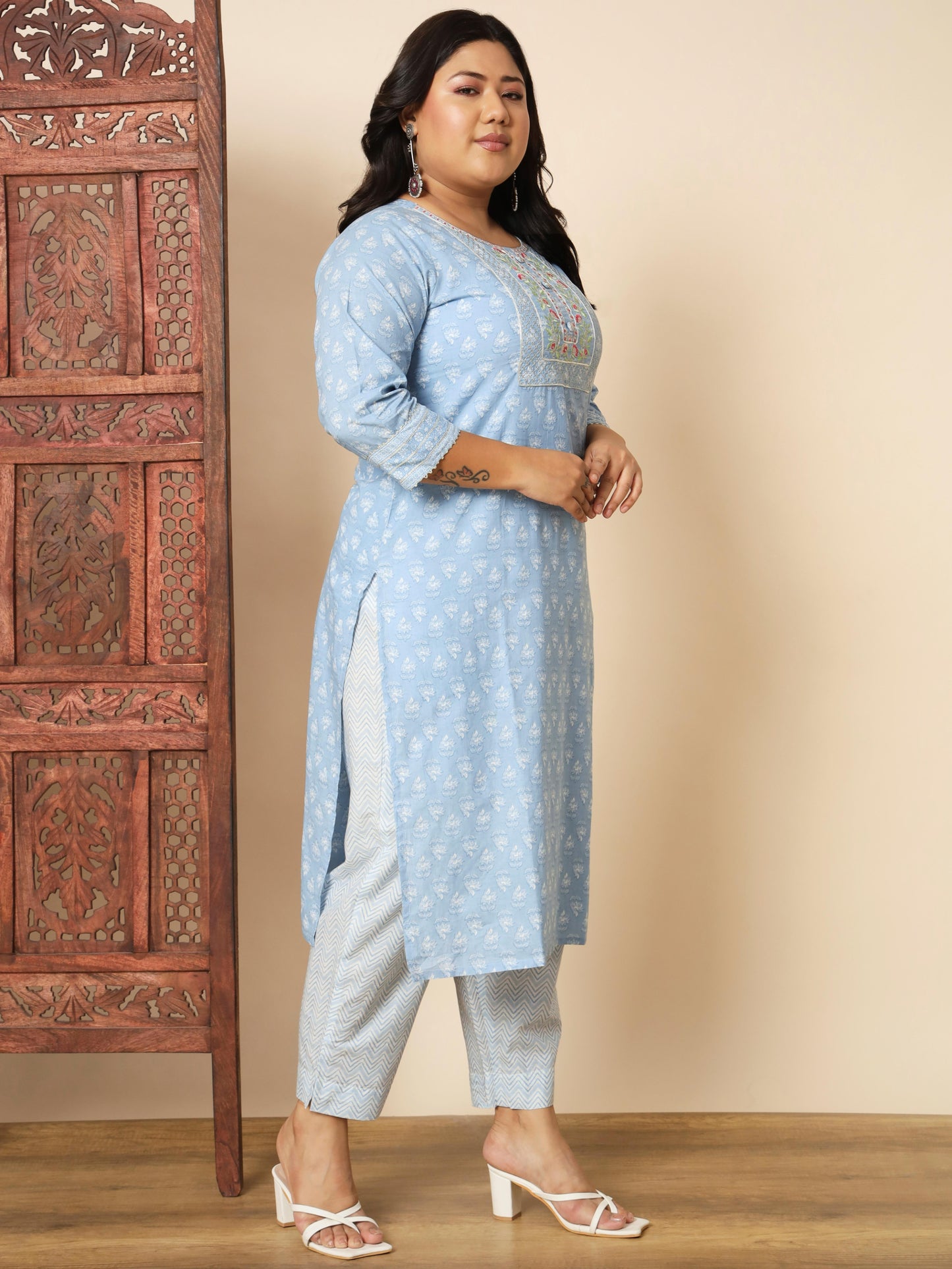 Sky Blue Cotton Straight Kurta Set