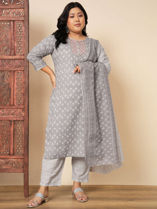 Grey Cotton Straight Kurta Set