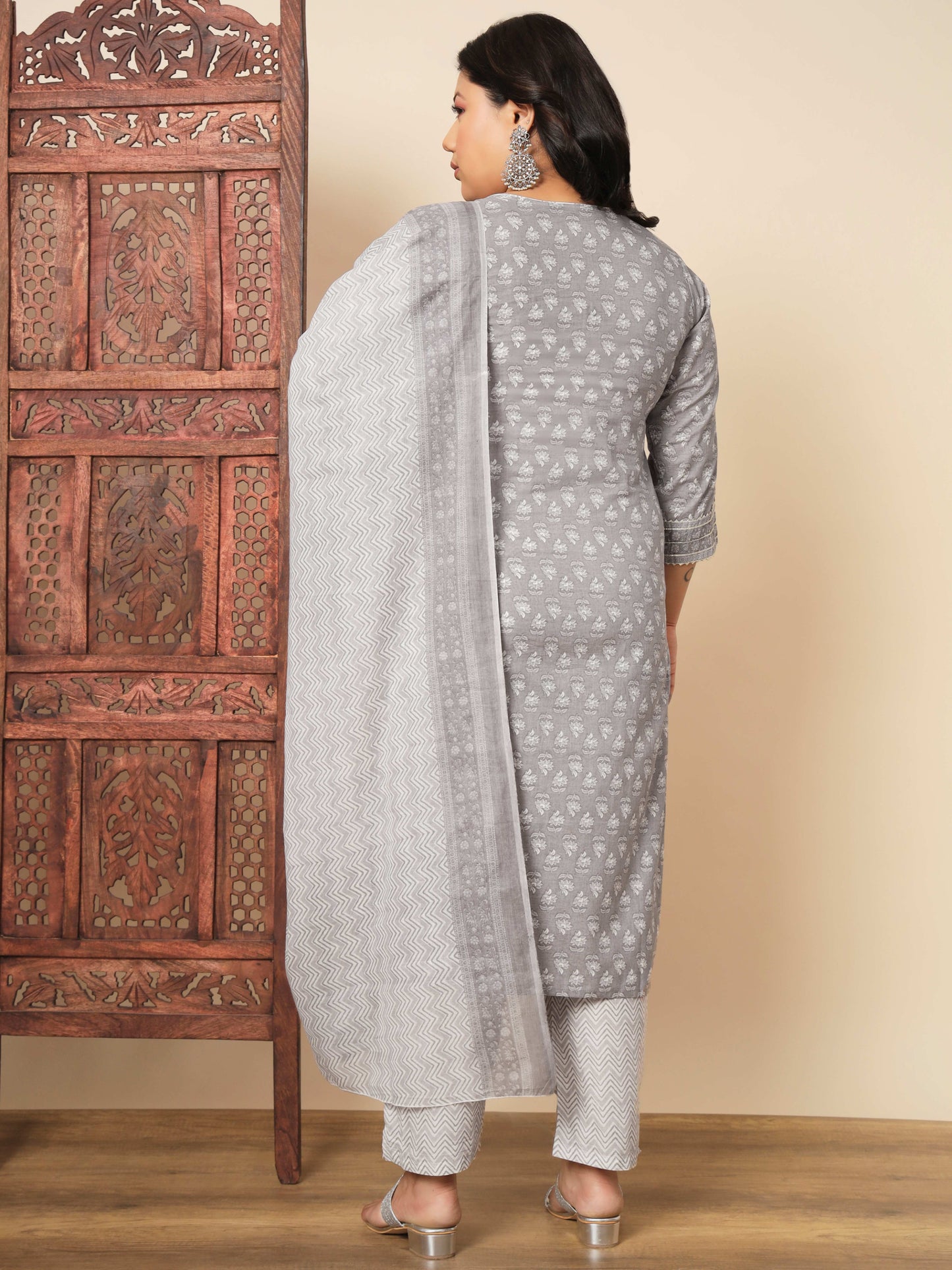 Grey Cotton Straight Kurta Set