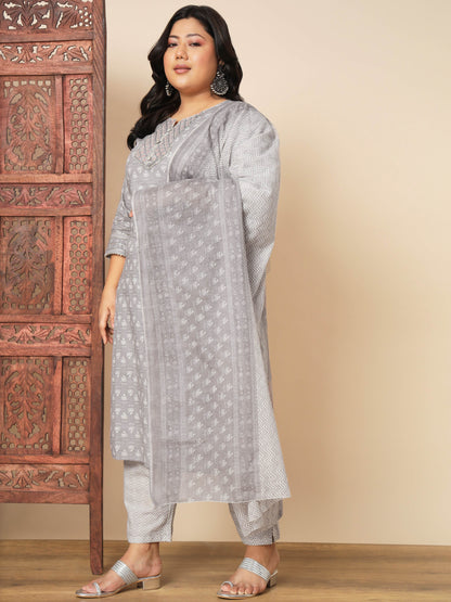 Grey Cotton Straight Kurta Set