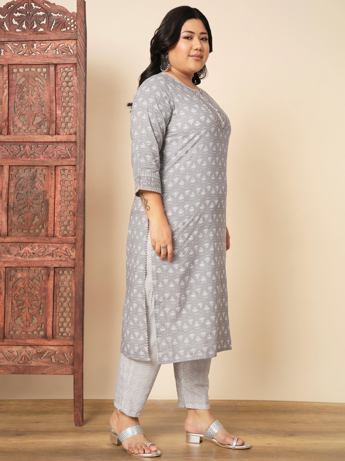 Grey Cotton Straight Kurta Set