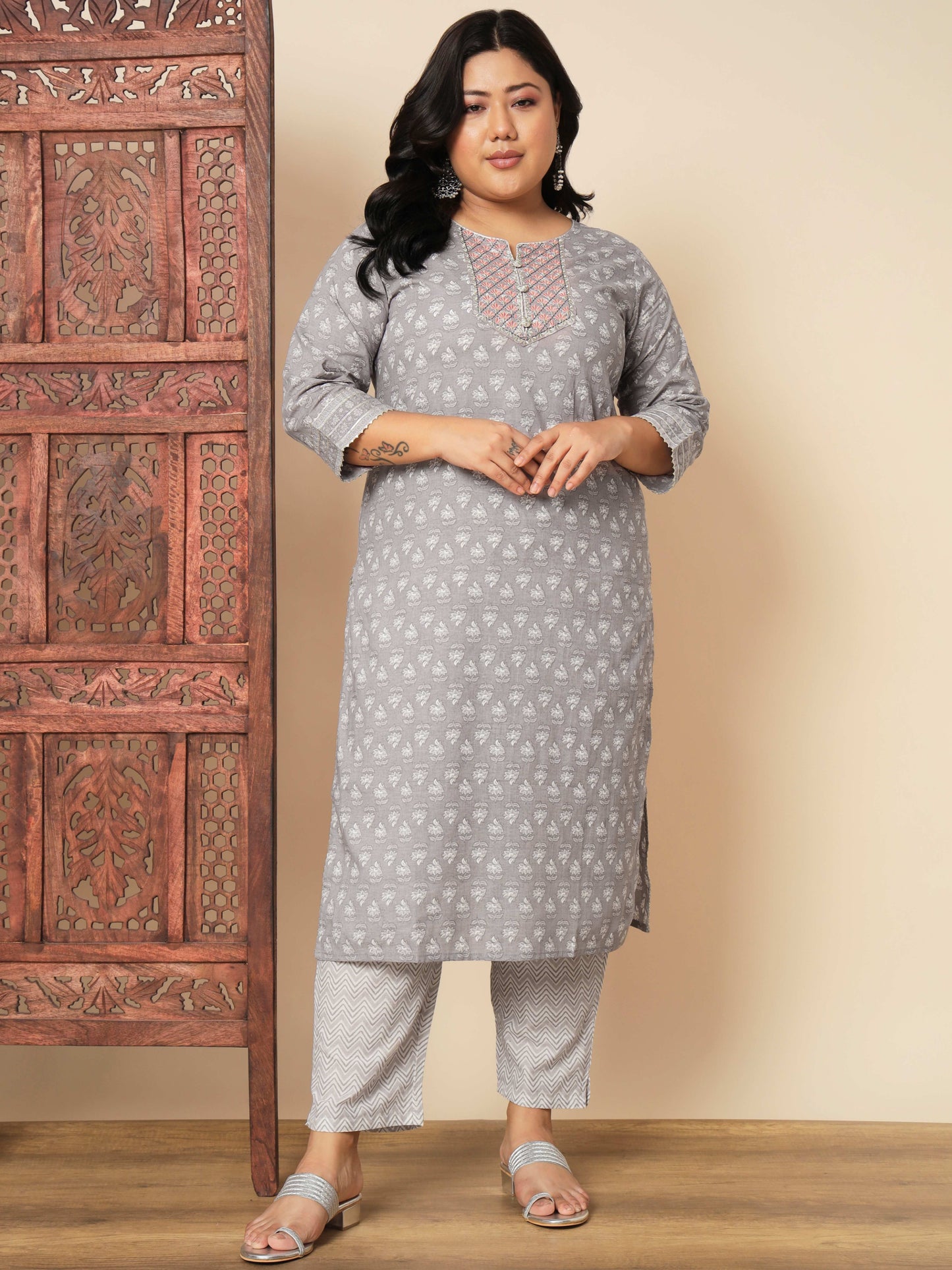 Grey Cotton Straight Kurta Set