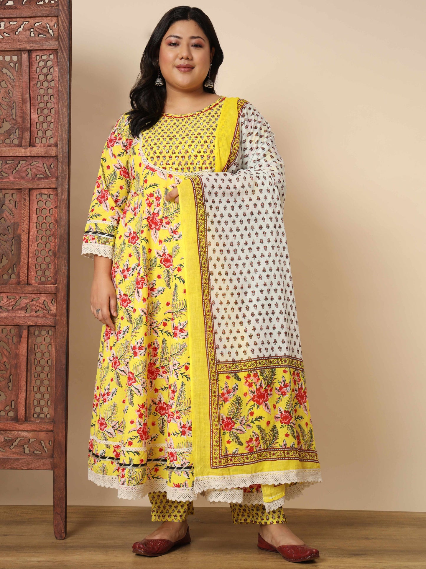 Yellow Cotton Anarkali Kurta Set