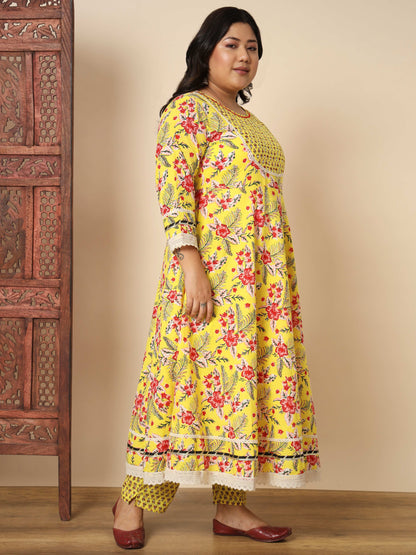 Yellow Cotton Anarkali Kurta Set