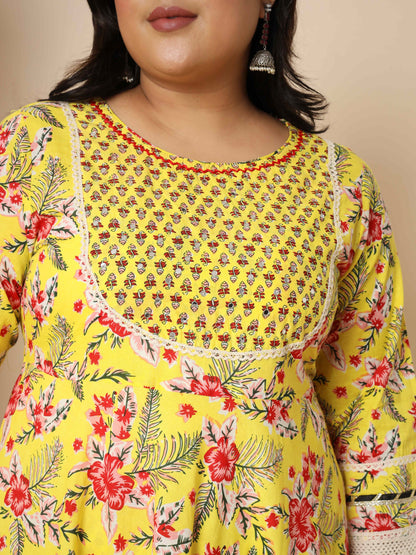 Yellow Cotton Anarkali Kurta Set