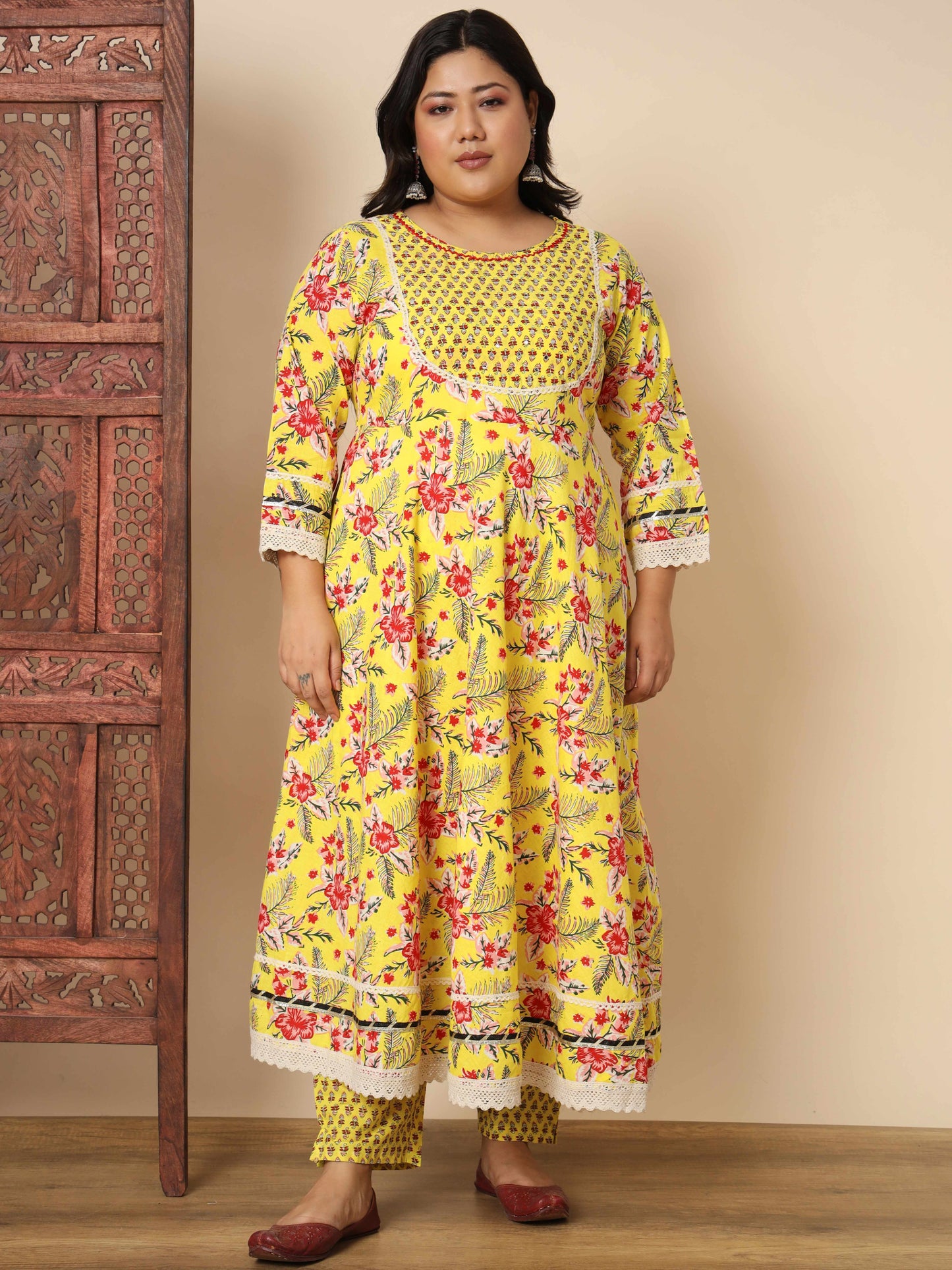 Yellow Cotton Anarkali Kurta Set