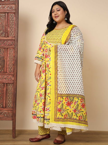 Yellow Cotton Anarkali Kurta Set