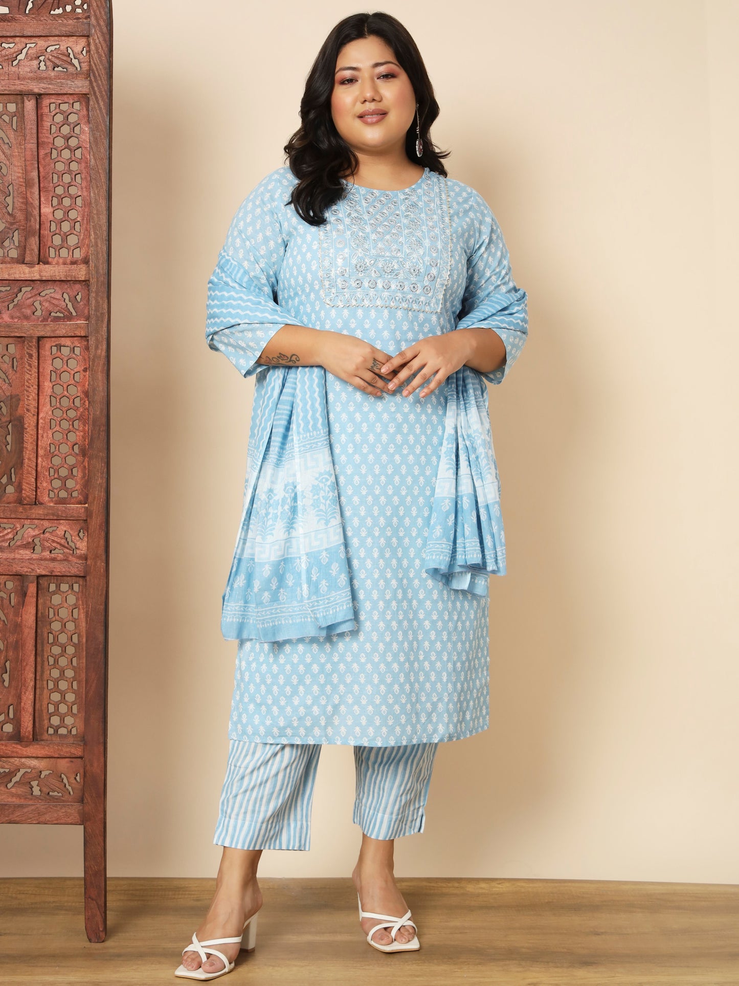 Sky Blue Cotton Straight Kurta Set