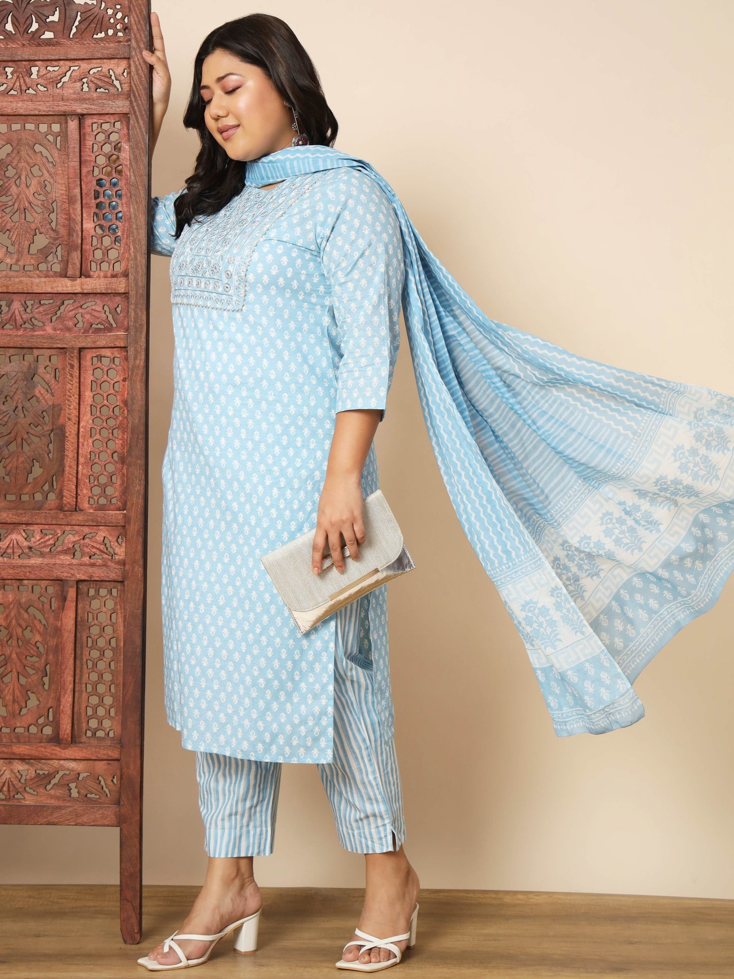 Sky Blue Cotton Straight Kurta Set