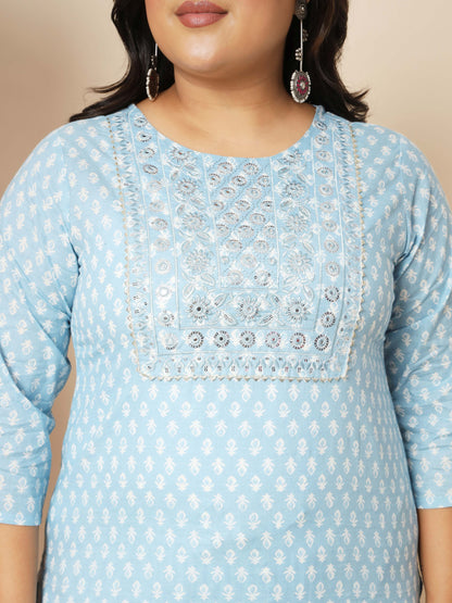 Sky Blue Cotton Straight Kurta Set