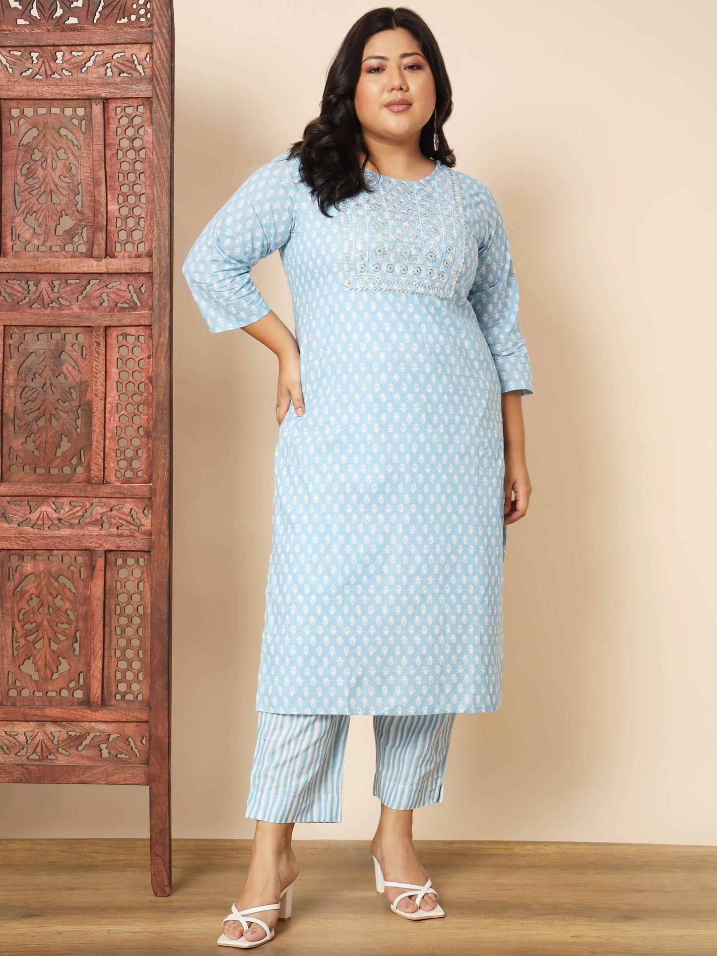 Sky Blue Cotton Straight Kurta Set