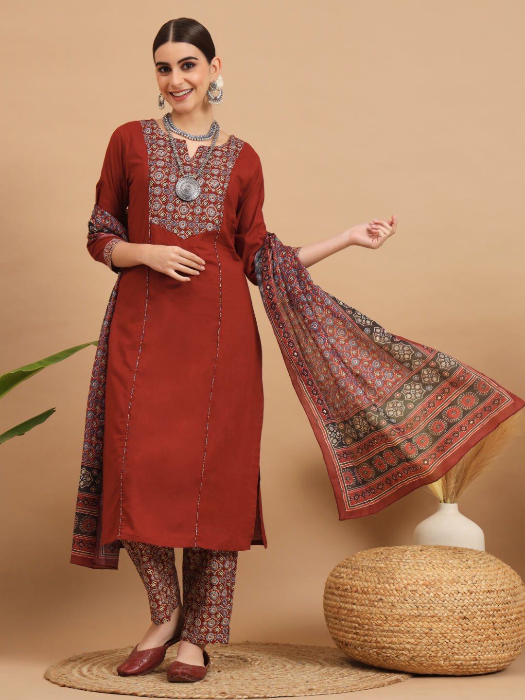 Maroon Cotton Straight Kurta Set