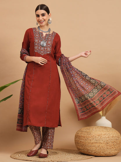 Maroon Cotton Straight Kurta Set