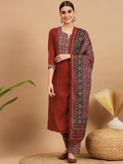 Maroon Cotton Straight Kurta Set