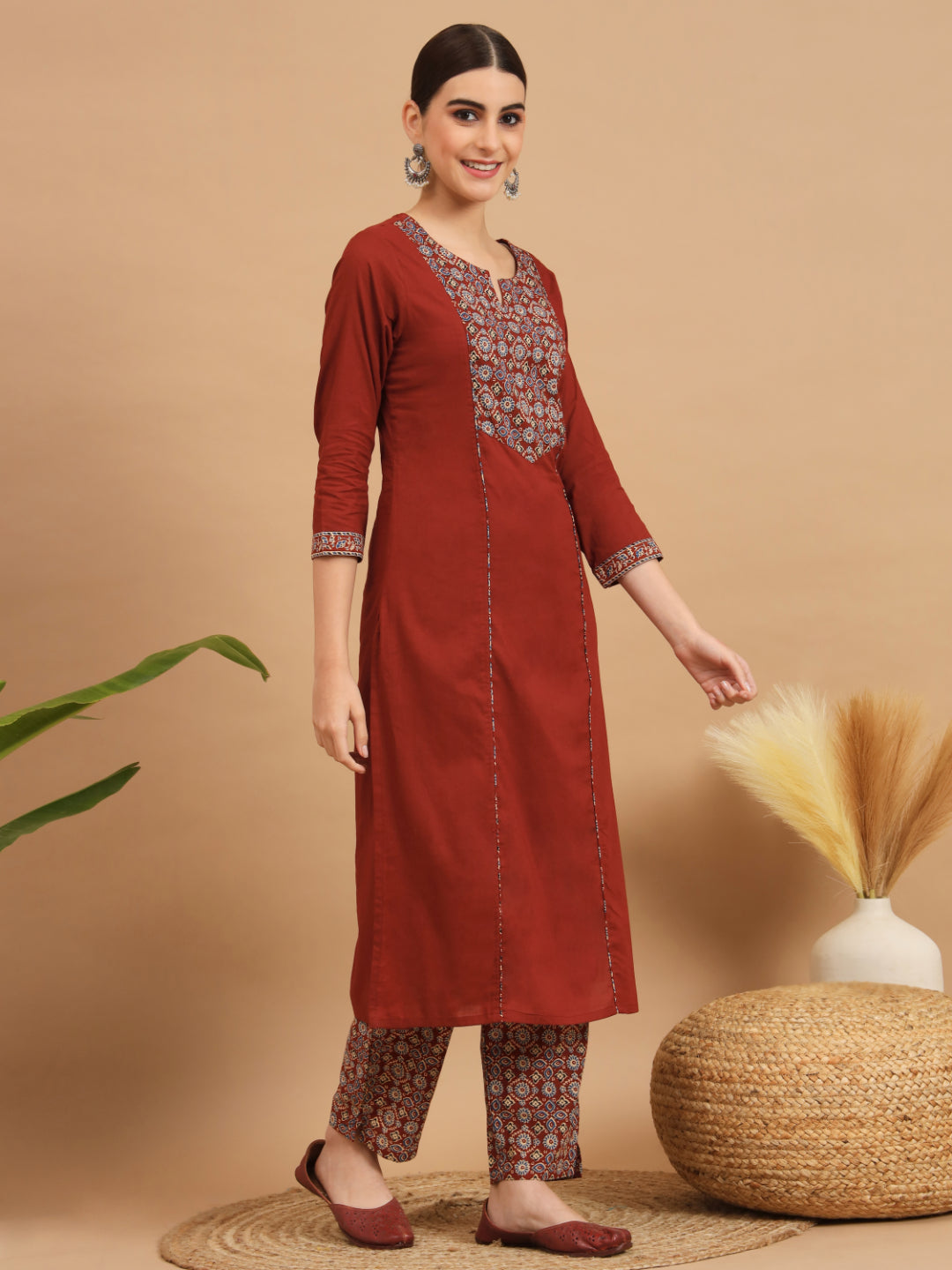 Maroon Cotton Straight Kurta Set