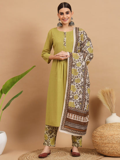 Mehndi Green A-Line Cotton Kurta Set