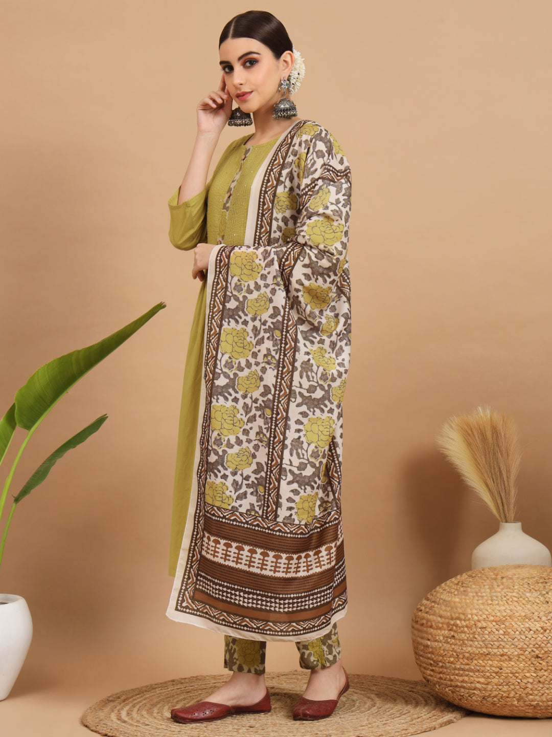 Mehndi Green A-Line Cotton Kurta Set