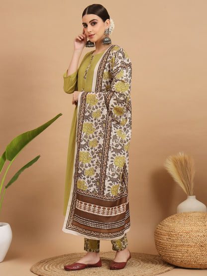 Mehndi Green A-Line Cotton Kurta Set