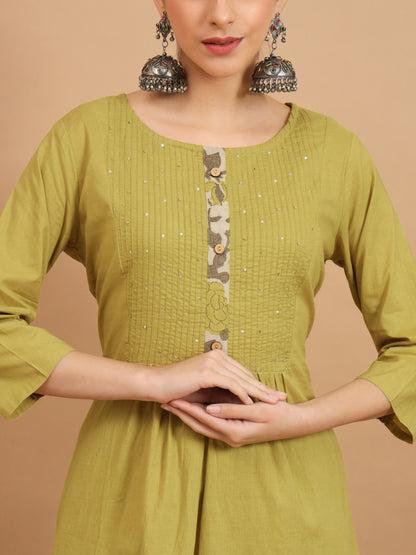 Mehndi Green A-Line Cotton Kurta Set