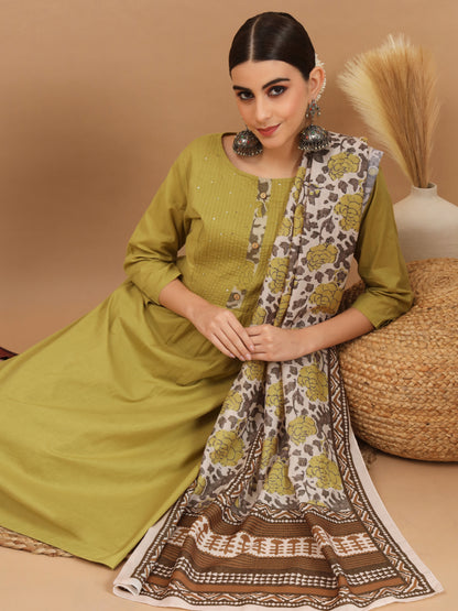 Mehndi Green A-Line Cotton Kurta Set