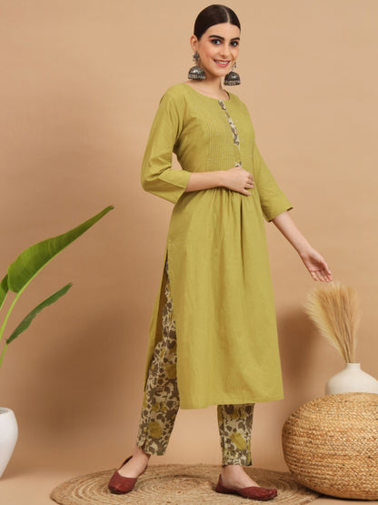 Mehndi Green A-Line Cotton Kurta Set