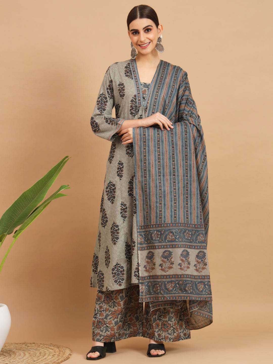 Grey Cotton A-Line Kurta Set