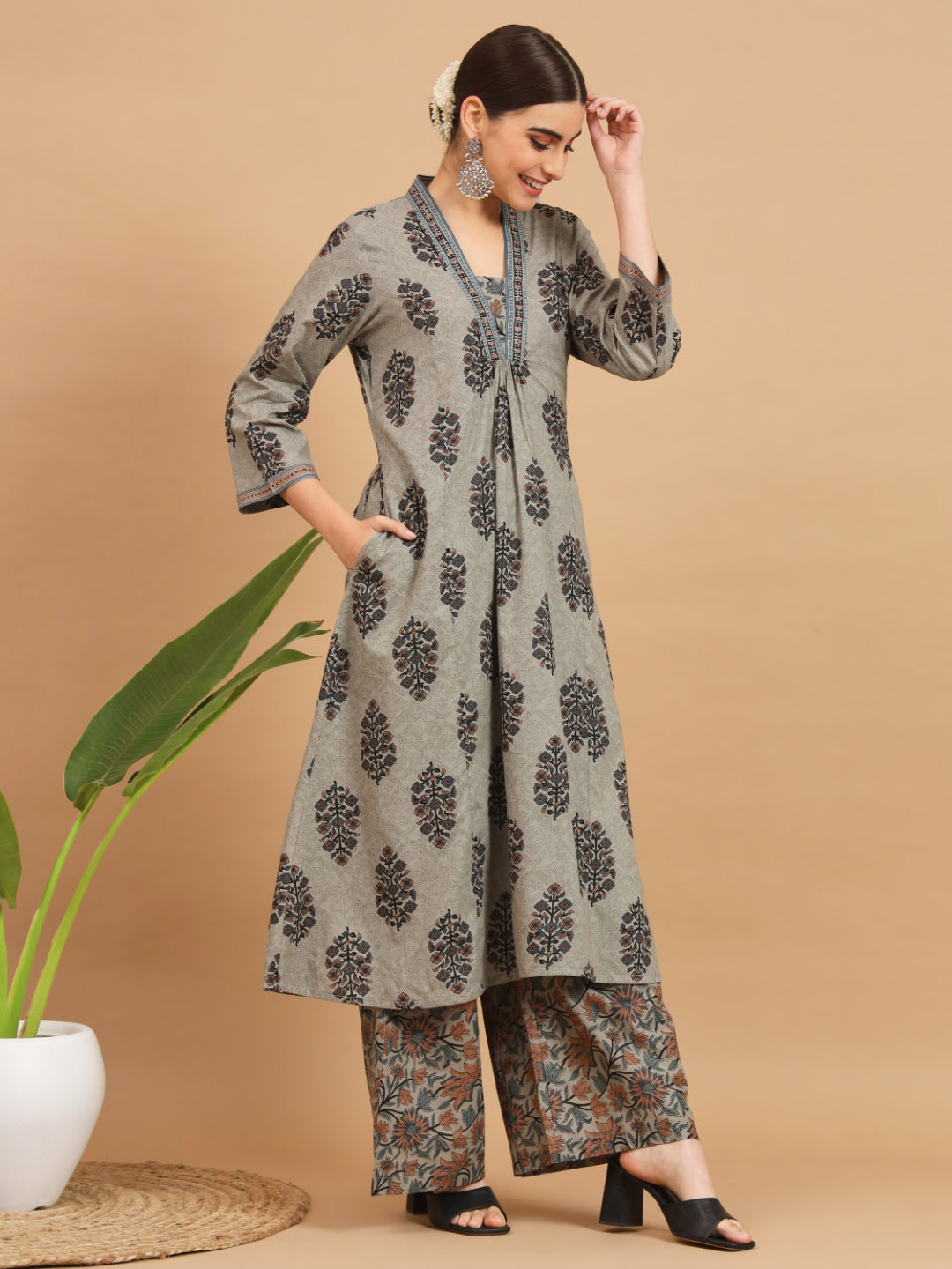 Grey Cotton A-Line Kurta Set