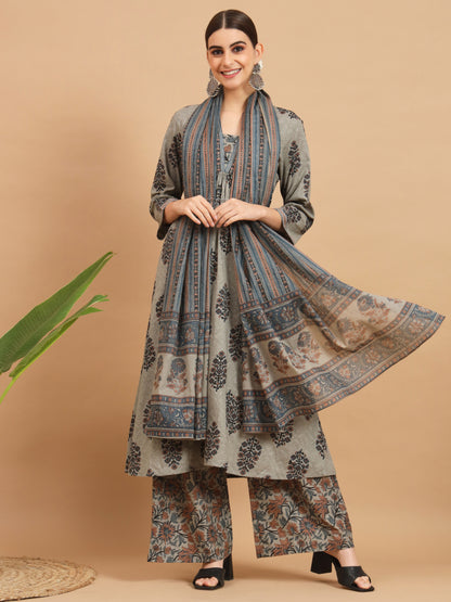 Grey Cotton A-Line Kurta Set