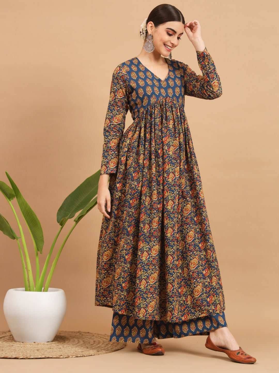 Aqua Cotton Flared Kurta Set