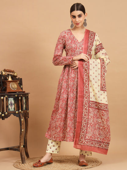 Dark Peach Cotton Anarkali Kurta Set