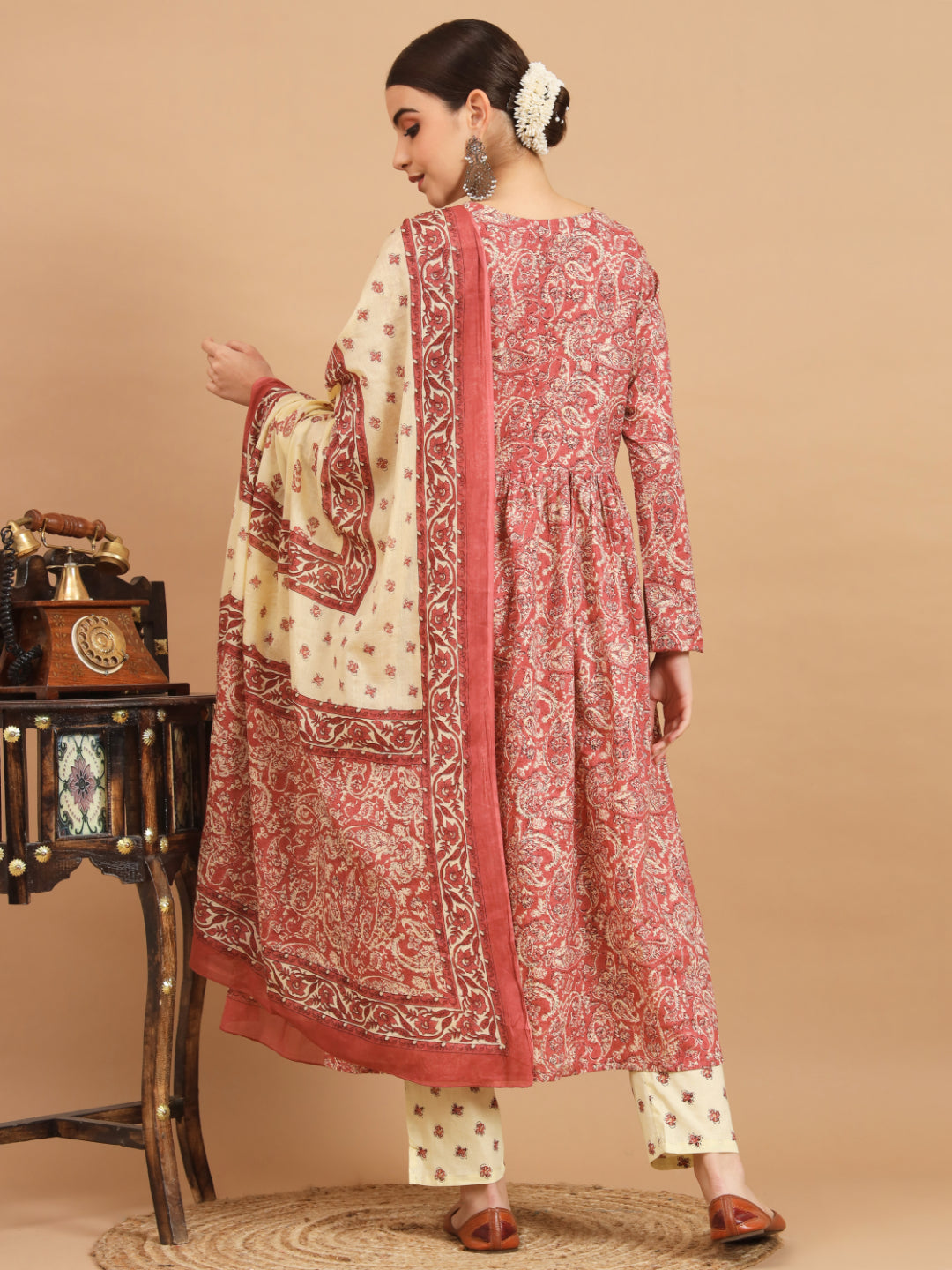 Dark Peach Cotton Anarkali Kurta Set