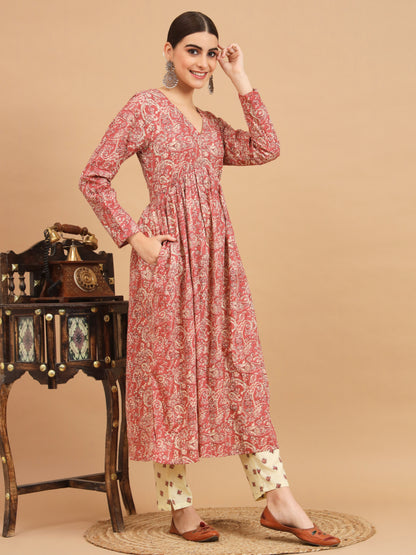 Dark Peach Cotton Anarkali Kurta Set