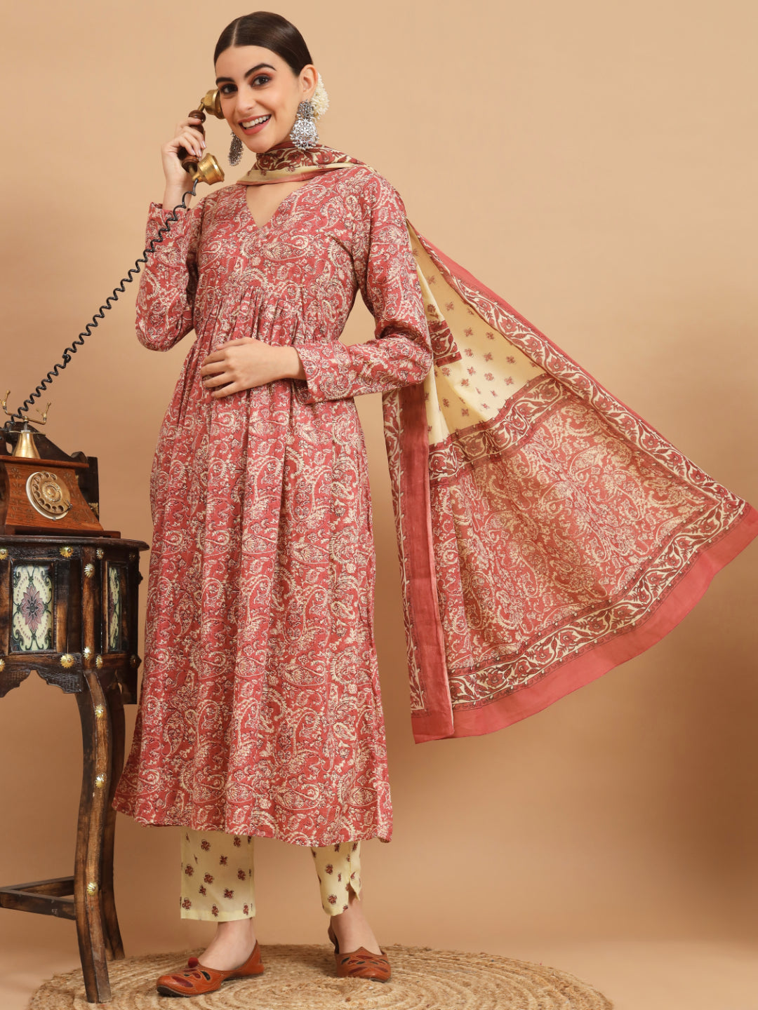 Dark Peach Cotton Anarkali Kurta Set